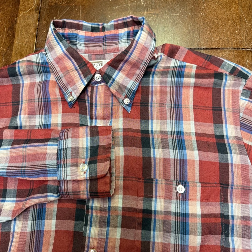 Montgomery Ward 70s Button Down Shirt Mens Medium Red Plaid‎ Vintage Long Sleeve